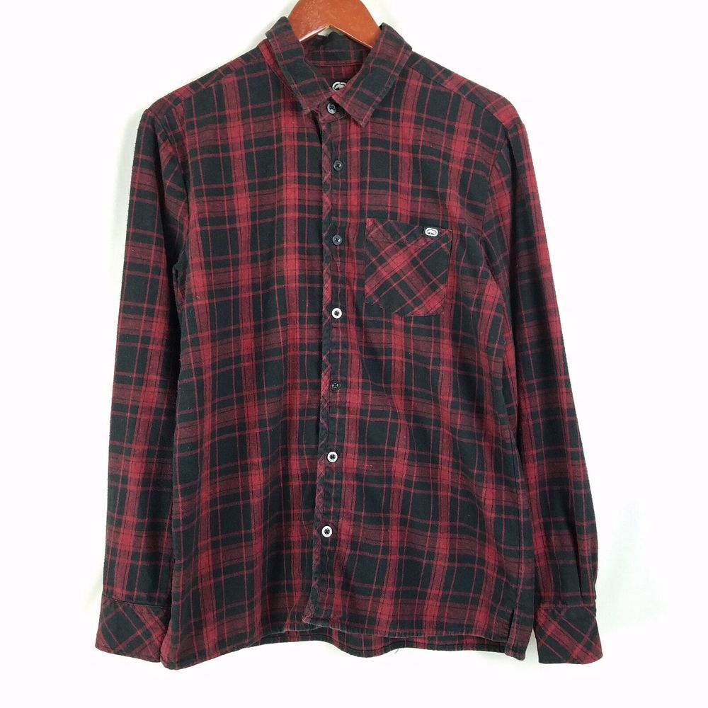 Ecko Unltd Shirt Mens Large Red Black Plaid Long Sleeve Pocket Button Up